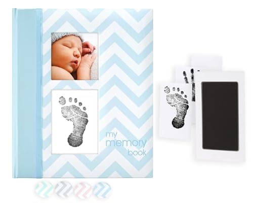 Pearhead Baby Memory Book – First 5 Years Baby Milestone & Pregnancy Journal with Clean-Touch Ink Pad for Handprint or Footprint, Gender-Neutral Newborn Keepsake, Blue Chevron