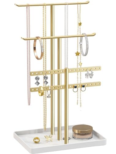 pickpiff Jewelry Stand Holder Organizer: 14.5" Sturdy Hanger for 80 Pcs Jewelry, Gift for Women, Gold Jewlery Tower for Necklace, Earring, Bracelet