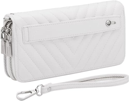 B BRENTANO Vegan Leather Double Zipper Pocket Wallet with Grip Hand Strap (Chevron Embroidered White)