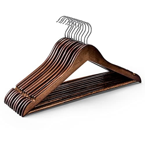 HOUSE DAY Wooden Hangers 10 Pack, Heavy Duty Wood Coat Hangers for Closet, Smooth Finish Wooden Suit Hanger with Non Slip Pants Bar, Sturdy Wood Clothes Hanger, Walnut