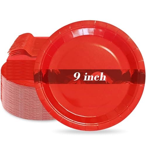 WXLDGHQ Red Paper Plates 9 Inch Set Disposable Red Birthday Dessert Dinner Plates and Napkins Party Supplies(75 PCS)