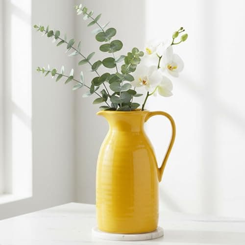 hjn Farmhouse Pitcher Vase for Flowers- Decrative Pitchers White Ceramic Pitcher Yellow Vase for Your Kitchen/Home Decor/Office/Living Room/Bookshelf/Mantel/-Yellow