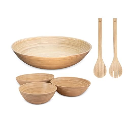 LEXA 5-Piece Handcrafted Bamboo Serving Bowl Set, 14”, 12”, 10”, 8” Bowls & Salad Utensils, Spun Bamboo Dinnerware, Artisan-Made for Entertaining, Serving & Home Décor (Natural)