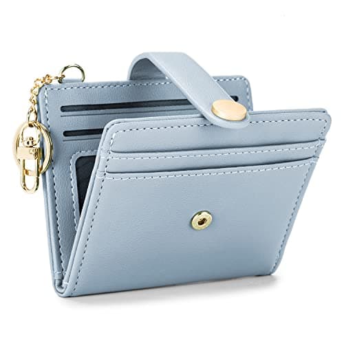 POIUGOYA Slim Wallet for Women, Leather Bifold RFID Blocking Credit Card Holder with Keychain, Zipper Coin Pocket & ID Window