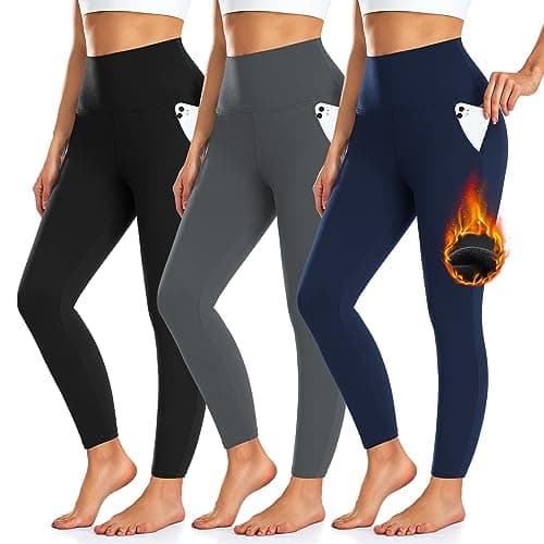 3 Pack Fleece Lined Leggings Women with Pockets -Warm Winter Yoga Pants for Women Thermal Running Workout Leggings Black/Grey/Navy