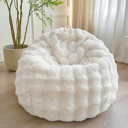 LIFEREVO Kids Fluffy Faux Rabbit Fur Bean Bag Chair Cover (No Filler), Soft Luxury Fuzzy Stuffed Animal Storage Bubble Bean Bag Home Decor, Comfy Shaggy Furry Beanbag Cover Kids Girls Adults, Beige