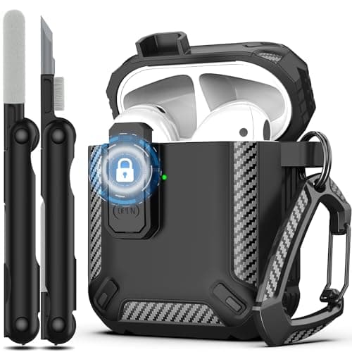 RFUNGUANGO for AirPod 2nd Generation Case Cover with Cleaner Kit, Military Hard Shell Protective Armor with Lock for AirPod Gen 1&2 Charging Case, Front LED Visible,Black