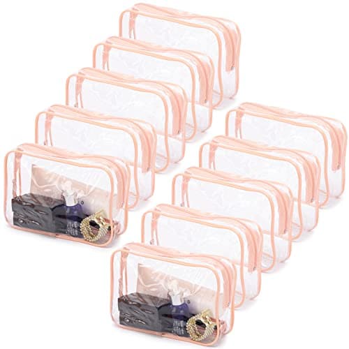 Tbestmax 10 Pcs Clear Cosmetic Bags Small Makeup Bags Portable Waterproof Travel Toiletry Bags Organizer Peach Pink, 7.5"x 4.8"x 2.3"