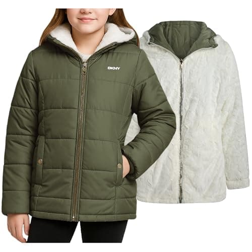 DKNY Reversible Girls Winter Coat - Heavyweight Quilted Jacket with Sherpa Lining Hooded Puffer Jacket Winter Coats for Girls, Size 10-12, SAGE/CREAM
