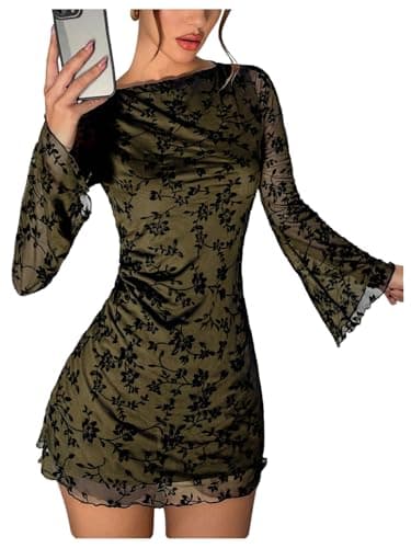 SOLY HUX Women's Floral Sexy Mesh Mini Dress Bell Long Sleeve Bodycon Going Out Dresses Green Floral Medium