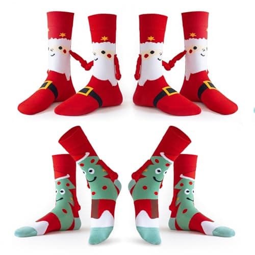 Rheyxases Christmas Holding Hands Socks for Couples, Magnetic Funny Couple Socks for New Year Gift, Xmas Secret Santa Gag Gift White Elephant Christmas Gag Gifts (2 Pairs Red, 2 Pairs Green)