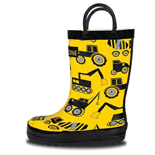 LONECONE Rain Boots with Easy-On Handles in Fun Patterns for Boys and Girls, Play-Proof Flexible Rubber, Durable Non-Slip Treads, Kid-Friendly for Hours of Joy - Construction Zone, 10 Toddler