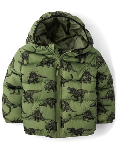 The Children's Place,Baby Boys,And Toddler Medium Weight Puffer Jacket, Wind-Resistant, Water-Resistant,Olive T-Rex,5 Years