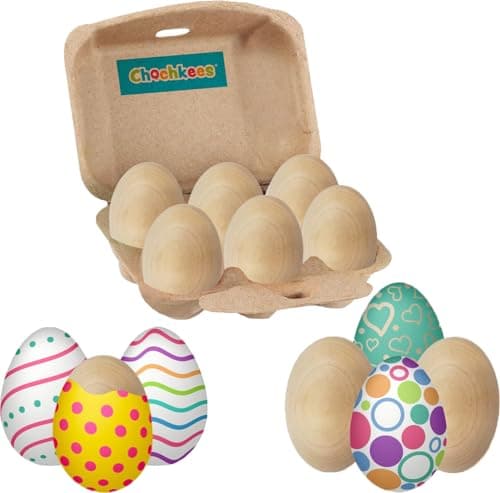 Chochkees Easter Unpainted Wooden 2.3" Inch Eggs, 6-Pack, Perfect for Easter Crafts, Décor and Egg Hunts in Carton