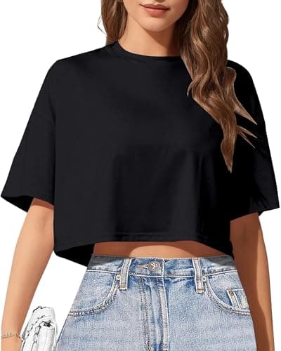 Women's Basics Crop Top Drop Shoulder T Shirt Half Sleeve Cropped Tee Crewneck Cropped T-Shirts Short Sleeve Crop Tops Casual Summer Solid Crop Tops A-Black