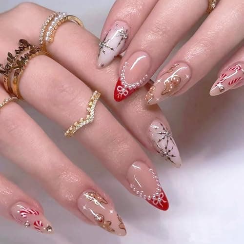 24Pcs Christmas Press on Nails French Tip Medium Almond Fake Nails Cat Eye Xmas False Nails with Snowflake Pearl Design Winter Glue on Nail Full Cover Christmas Nails for Women Nail Manicure Art