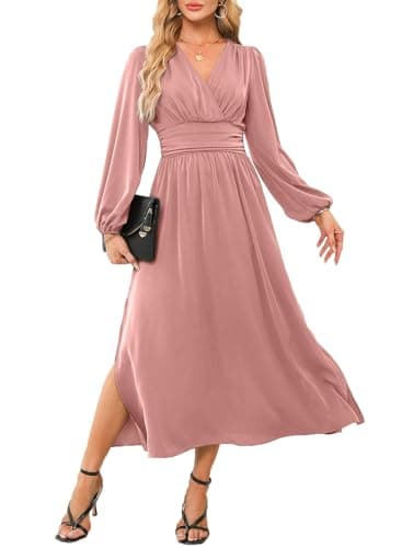 Dokotoo Formal Dresses for Women Elegant Wrap V-Neck Lantern Sleeve Empire Waist Wedding Guest Dress Side Slit Ruched Smocked Maxi Dress Pink Medium