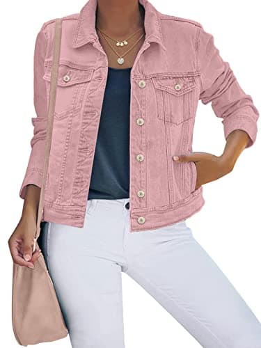 luvamia Women's Classic Casual Long Sleeves Jacket Basic Button Down Trucker Jacket Coat Womens Jean Jacket Spring Jackets For Women 2024 Pink Size Large Fits Size 12 / Size 14