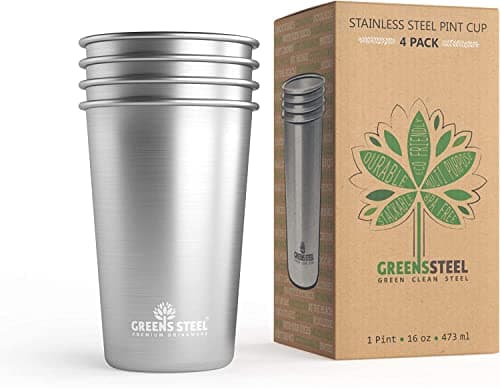 Greens Steel #1 Premium Stainless Steel Cup, 475 ml Pint Cups (4 Pack) Premium Metal Cups - Stackable Durable Cup