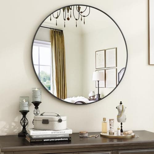 VooBang Black Round Bathroom Mirror, 20 inch Circle Mirror, Round Wall Mirror with Simple Metal Frame, Modern Round Hanging Mirror for Bathroom, Hallway, Living Room, Black Frame