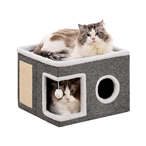 Crispedia Cat Beds for Indoor Cats, Large Cat Cave with Fluffy Ball and Scratch Pad, Foldable Cat Scratch House with Hideaway Condo for Kitten,16x16x13inch,Grey