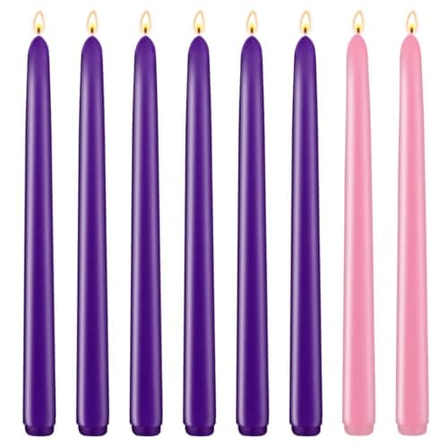8 Pack Advent Candle Bulk for Christmas Candlelight Service, 6 Purple and 2 Pink Unscented Taper Candles for Advent Wreath Holder, Christmas Must-Have Product
