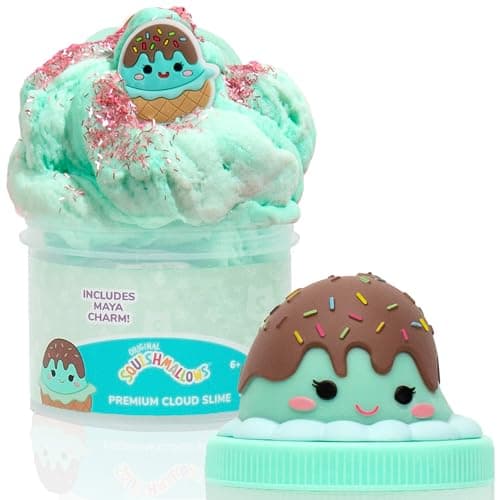 Original Squishmallows Maya The Ice Cream Premium Cloud Slime, Chocolate-Scented, 8 oz., Storage Container with Figurine Topper, Rubber Charm, Goodie Bags Stuffers, Kids Party Favors, Sensory Toys