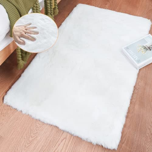 ORINOVA White Faux Bunny Fluffy Fur Rug Washable Area Rugs for Living Room Nursery Rugs for Bedroom 2x3 Rectange Rug Cute Home Décor