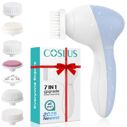 COSLUS Facial Cleansing Brush Silicone Face Scrubber: 7 in 1 FBS-D Electric Exfoliating Rotating Massage Device Waterproof Deep Cleaning Exfoliation Spa Machine - Electronic Skin Care Wash System