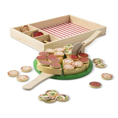 Melissa & Doug Wooden Pizza Party Play Set, 36 Self-Stick Toppings, Pizza Toy Kitchen Set & Play Kitchen Accessories, Preschool Toys for Boys & Girls 3+
