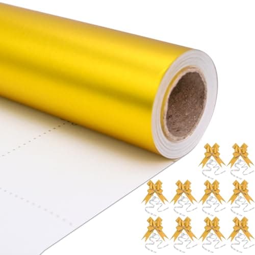 Vnaaem Matte Gold Wrapping Paper Roll with Gold Gift Bow - 17 Inches X 32.8 Feet Solid Color Gift Wrapping Paper - Perfect for Wedding Birthday Holiday Christmas Baby Shower Valentines Day Bouquet DIY