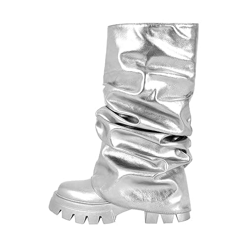MissHeel Silver Booties for Women - Combat Metallic Boots, Fold Over Ankle Boots, Platform Boots Size 5