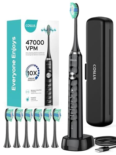 COSLUS Electric Toothbrush for Adults and Kids: Wireless Rechargeable Tooth Brush with Portable Travel Case, 5 Modes 47000 VPM Power Toothbrushes 6 Brush Heads 1 Charge for 70 Days Black