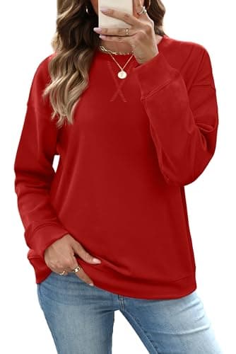 RUMIA Womens Casual Long Sleeve Crewneck Sweatshirt Loose Fit Solid Basic Pullover Tunic T Shirts Tops Sweatshirts for Women 2025 Red Large