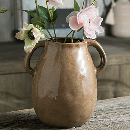 Tanvecle Brown Ceramic Vase with 2 Handles, Modern Farmhouse Vase for Home Decor, Rustic Terracotta Vase, Decorative Pottery Flower Vase, Clay Small Vase, Centerpieces for Dining Table - 7 Inch Tall