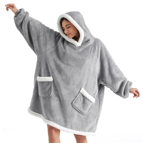 Bedsure Blanket Hoodie, Wearable Blanket for Adult & Kids as Gifts for Women Men, Birthday Gifts for Women Mom Sherpa Hoodie, Grey, Standard