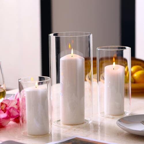PHOSPHOR Hurricane Candle HoldersFor Pillar Candle Clear Glass Cylinder Centerpieces Vases Table Decoration Centerpiece Floral Room Decor Clear Seeded Bubbles Living Dining Kitchen 3 Pieces