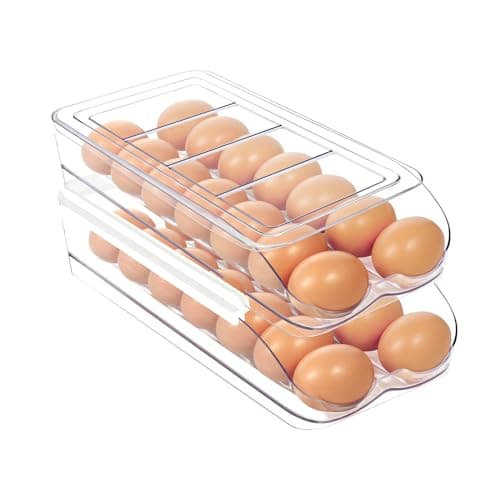 MesRosa Egg Holder for Fridge, Automatic Rolling Egg Organizer for Refrigerator, Clear Plastic Egg Container & Tray, Stackable Egg Dispenser and Storage Bin with Sturdy Lid to Saving Space -2 Layer