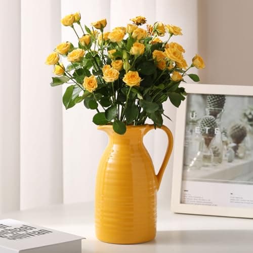 hjn Farmhouse Pitcher Vase for Flowers- Ceramic Flower Vase Yellow Decor for Your Kitchen/Home Decor/Office/Living Room/Bookshelf/Mantel/-Yellow