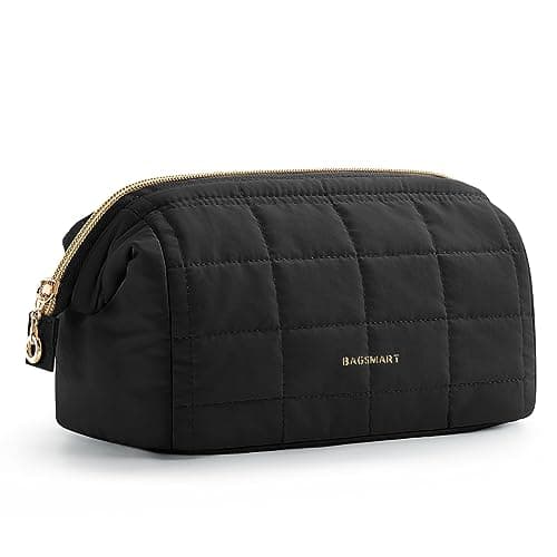 BAGSMART Makeup Bag Travel Toiletry Bag, Puffy Padded Make Up Bags for Women Makeup Organizer Case, Wide-open Pouch Purse Travel Essentials Toiletries Accessories Brushes, Black