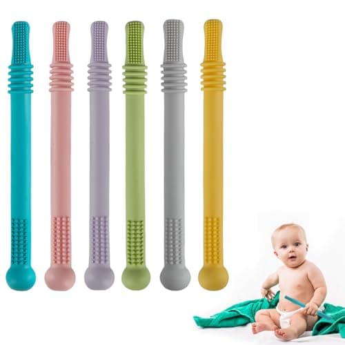 Fu Store Hollow Teether Tube Chew Straw Sensory Toy for Infant Toddlers Silicone Tubes Teething Toys for Babies 18-36 Months Gifts Learning Developmental Toys BPA Free Freezable 6 Pack