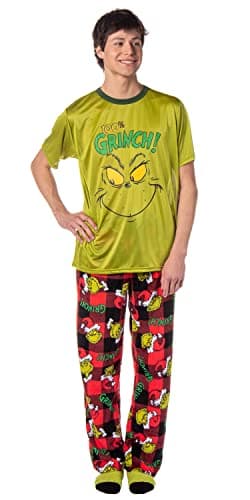 Dr. Seuss GRINCH Men's Pajama Pants Shirt and Socks 3 Piece Pajama Set (Medium) Multicolored