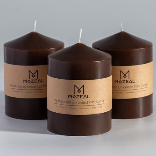 MOZEAL 3" x 4" Hand-Poured Unscented Brown Pillar Candles,Dripless Candles Set of 3,Smokeless,Clean Burning,Approx 60 Hours Burn Time,Wedding,Dinner,Christmas and Home Decor（3 Inch Width Series）