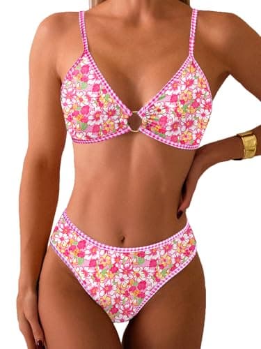 Tainehs Women's Two Piece Bikini Sets O Ring Front Top Ditsy Floral Triangle Swimsuits Cheeky Bathing Suit Pink Flower