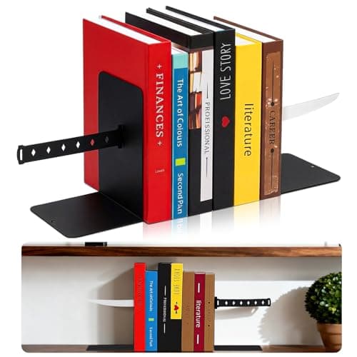 Fuyoooo Katana Book End Decorative Modern Metal Black VD Bookend Funny for Shelve Katana Book Stopper Holder for Men Home Office Gift