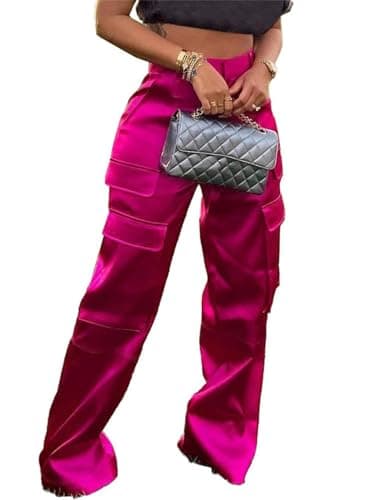 Satin Cargo Pant for Women High Waist Long Silk Cargo Pants Trousers Casual Wide Leg Pants