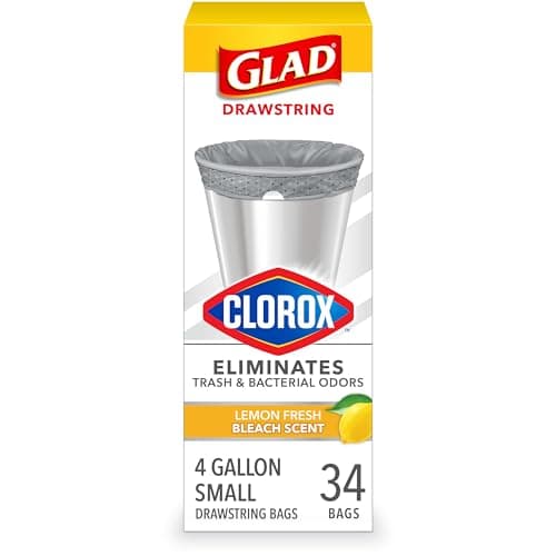 Glad Small Drawstring Trash Bags with Clorox, 4 Gal, Lemon Fresh Bleach, 34 Ct (Package May Vary)