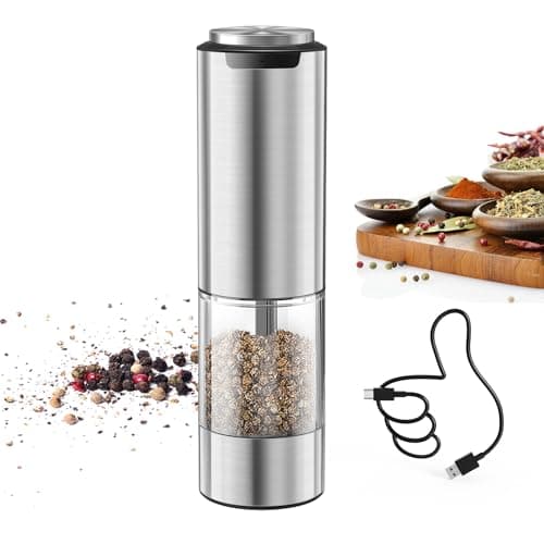 CIRCLE JOY Electric Pepper Grinder Rechargeable, Stainless Steel Pepper Mill with Washable 95ml Container, White LED Light and Adjustable Coarseness