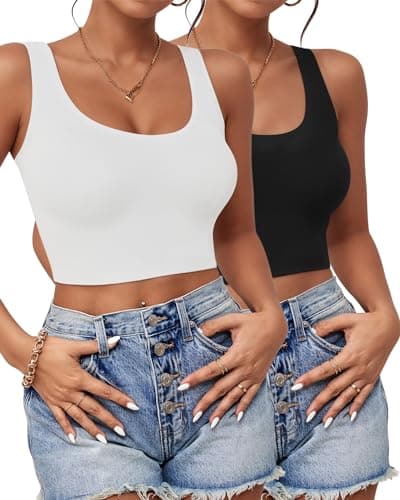 2Pcs Tank Tops for Women, U Neck Sleeveless Crop Tops, Basic Cropped Racerback Going Out Tops Athletic Sports Shirts, M, Black+White