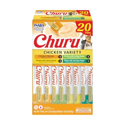 INABA Churu Cat Treats, Lickable, Squeezable Creamy Purée Cat Treat with Green Tea Extract & Taurine, 0.5 Ounces Each Tube, 20 Tubes, Chicken Variety Box